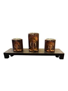 Elephant Tea Light Candleholders Set Of Three Copper Natural Tones Hand-Painted